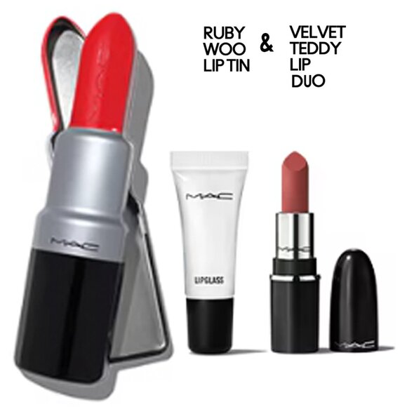 MAC RUBY WOO VELVET TEDDY MAKEUP BUNDLE - PLUS BONUS CANDLE TIN - 4 ITEMS - Picture 1 of 13